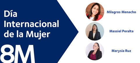 Banner del Día Internacional de la Mujer, con fotos de las 3 colegas entrevistadas en DSV
