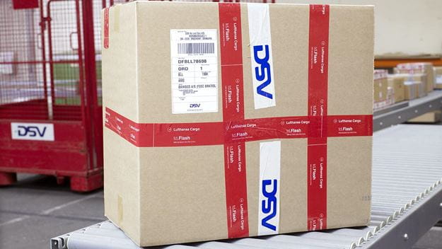 A cardboard box marked "DSV" with several labels is waiting to be delivered by air freight on a conveyor belt.
