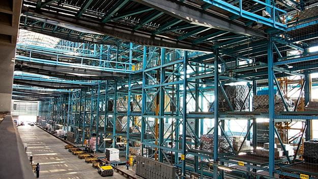 An open yard, multi-level warehouse with industrial shelving, and forklifts.