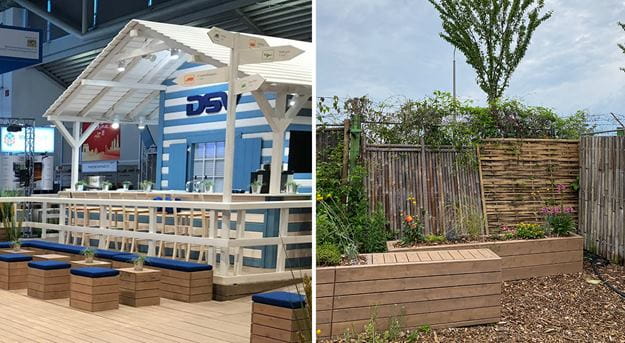 Bild vom DSV Messestand in Benutzung sowie nach dem Recycling als Hochbeet