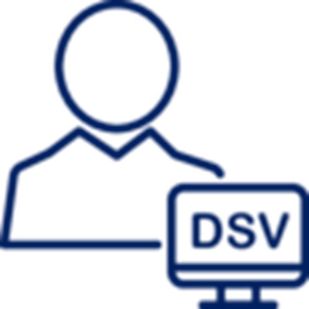 Ícono en azul marino de persona trabajando en computadora de DSV