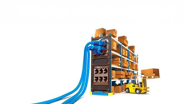 Graphic showing automated data exchange between a system and warehouse.