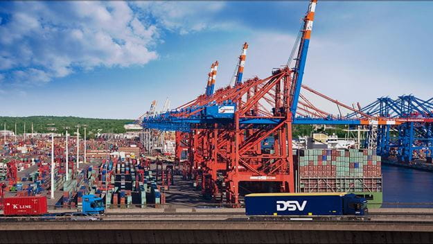 Container port with cranes, containers, and trucks.