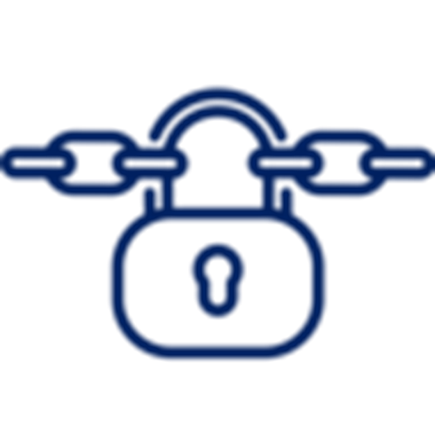 Ícono color azul marino de un candado y cadenas, representando seguridad