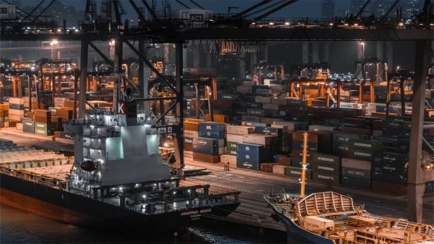 dsv transport and logistics picture of Port of Rotterdam by night