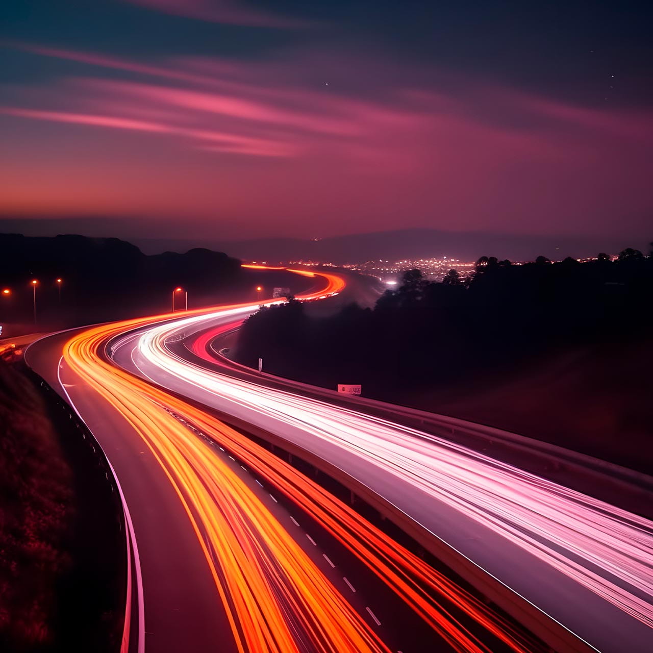 Nighttime highway with car light streaks.